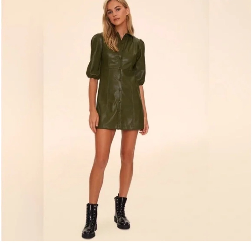 H&M Vegan Leather Green Puff Sleeve Dress